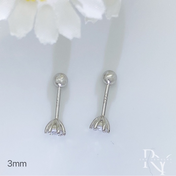 Solid Silver 6 prongs CZ Diamond Stud Screw bakcks Earrings-ESB022 Silver 3mm - Picture 3 of 10